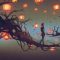 man walking on a tree branch with many red lanterns on background, digital art style, illustration painting