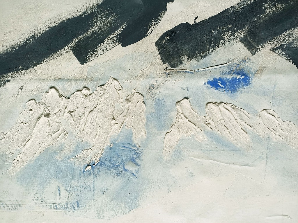 Alessandra Chiappini, Vento e luce e nube, 2021, tecnica mista su teloni di camion dismessi, cm. 150x100 - dettaglio