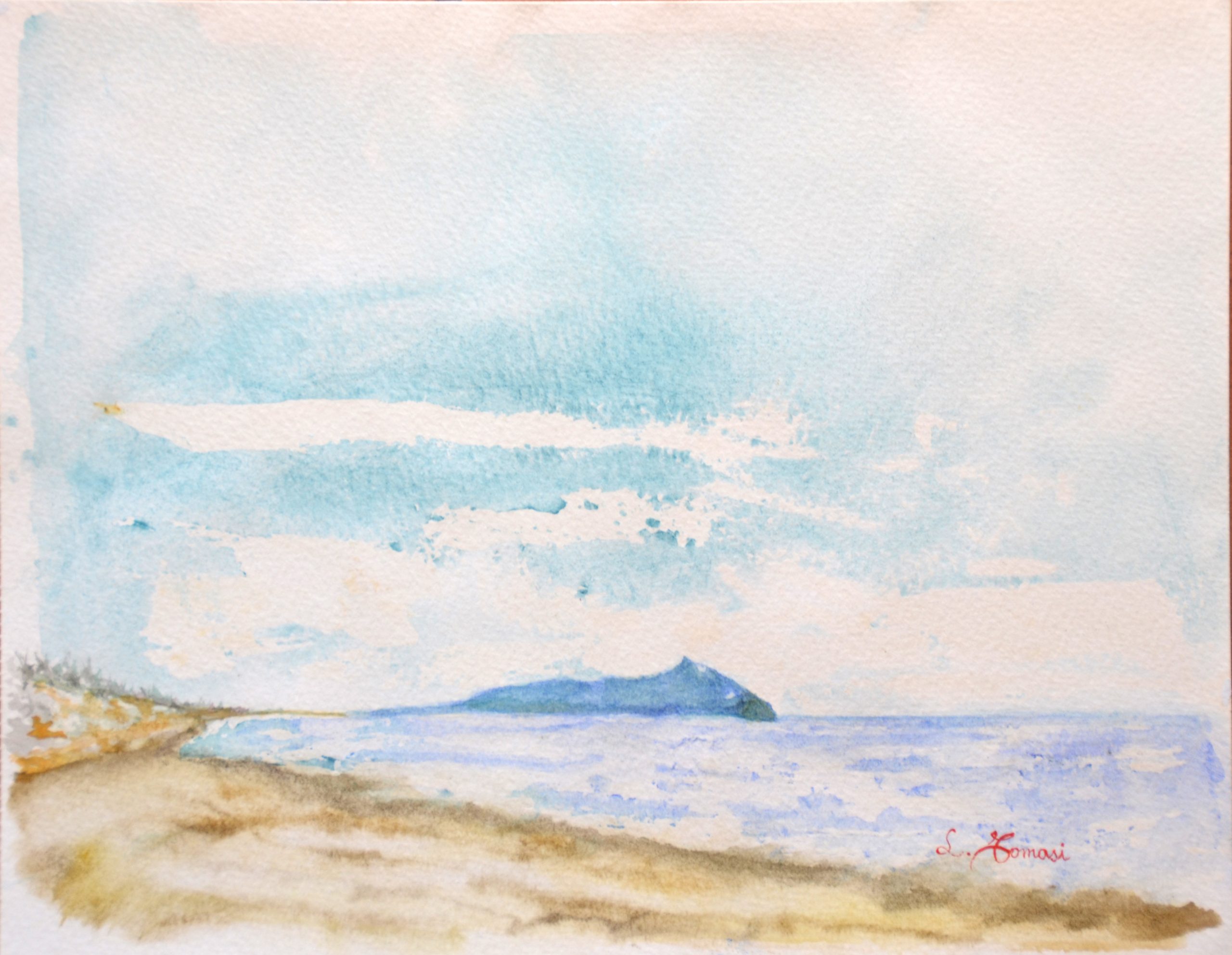 Sabadia spiaggia con veduta del Circeo acqueello su carta