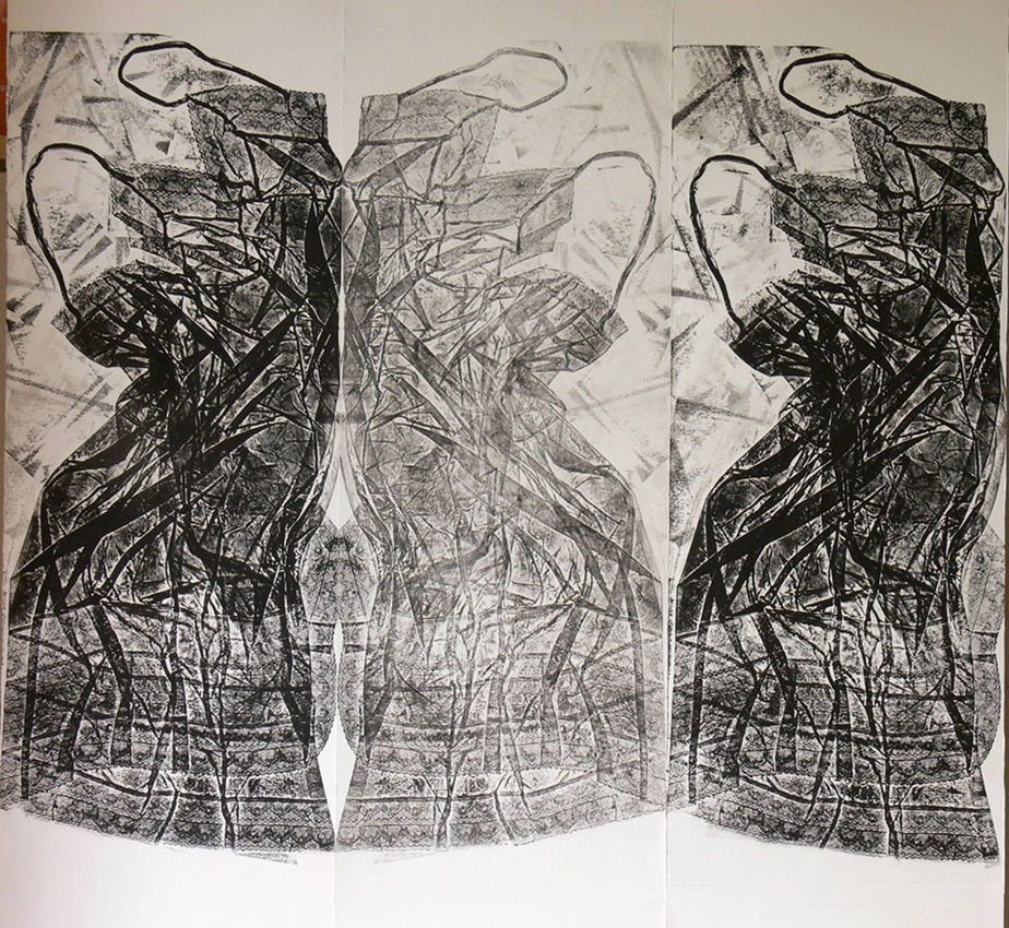 Sara Montani, E poi le mogli e le figlie e le nuore, 2010. Collografia e controstampa su carta 121x123,5 cm